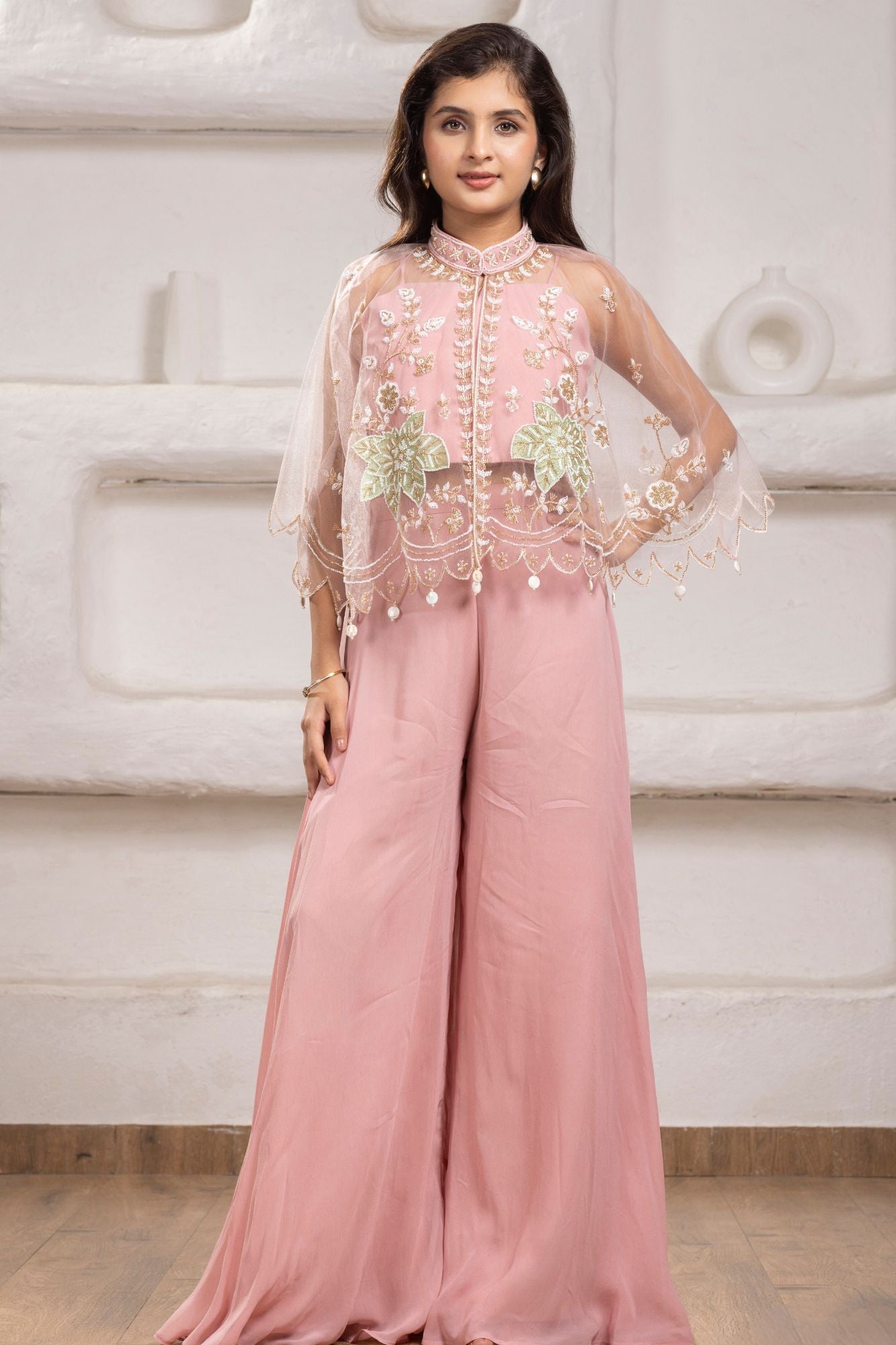 Pastel Pink Cape Style Palazzo Set With Sequin Floral Embroidery For Girls