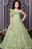 Designer Pista Green Bow Embellished And Sequins Work Party Wear Gown For Girls