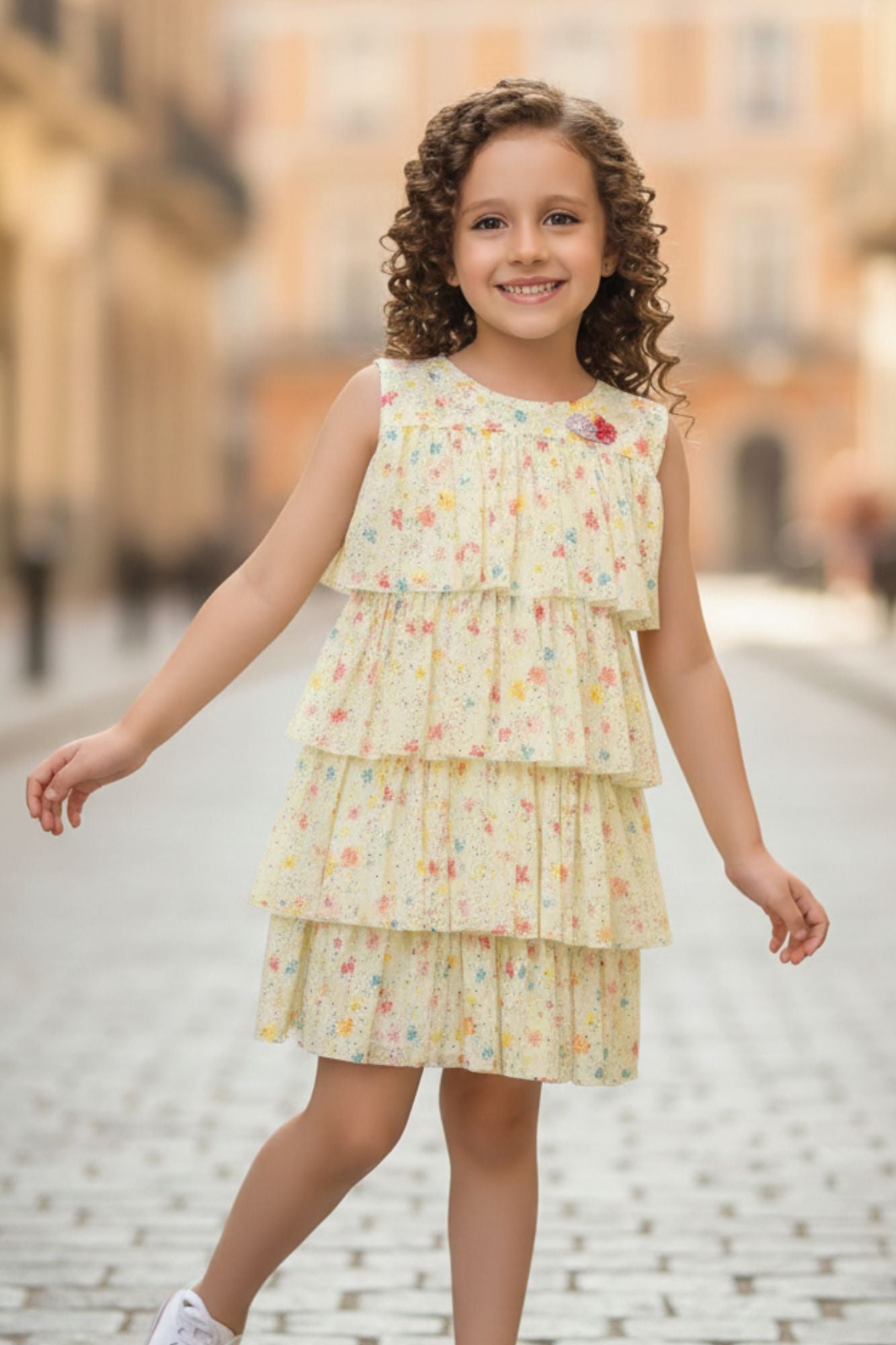 Yellow Floral Printed Multi Tiered Ruffle Dress For Girls