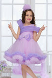 Lavender Layered High-Low Tulle Party Frock with Shoulder Pleats For Girls