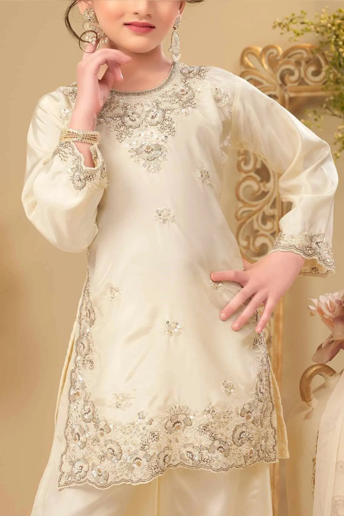 Cream Embroidered Palazzo Set with Dupatta for Girls