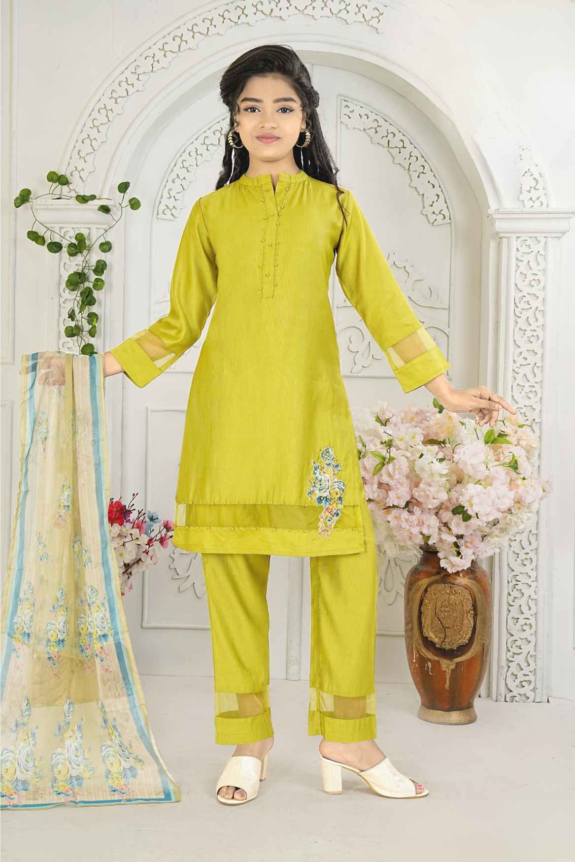 Lime Green Stone Work Ethnic Kurta Set For Girls