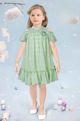 Pista Green Dress With Cold Shoulder Sleeves For Girls