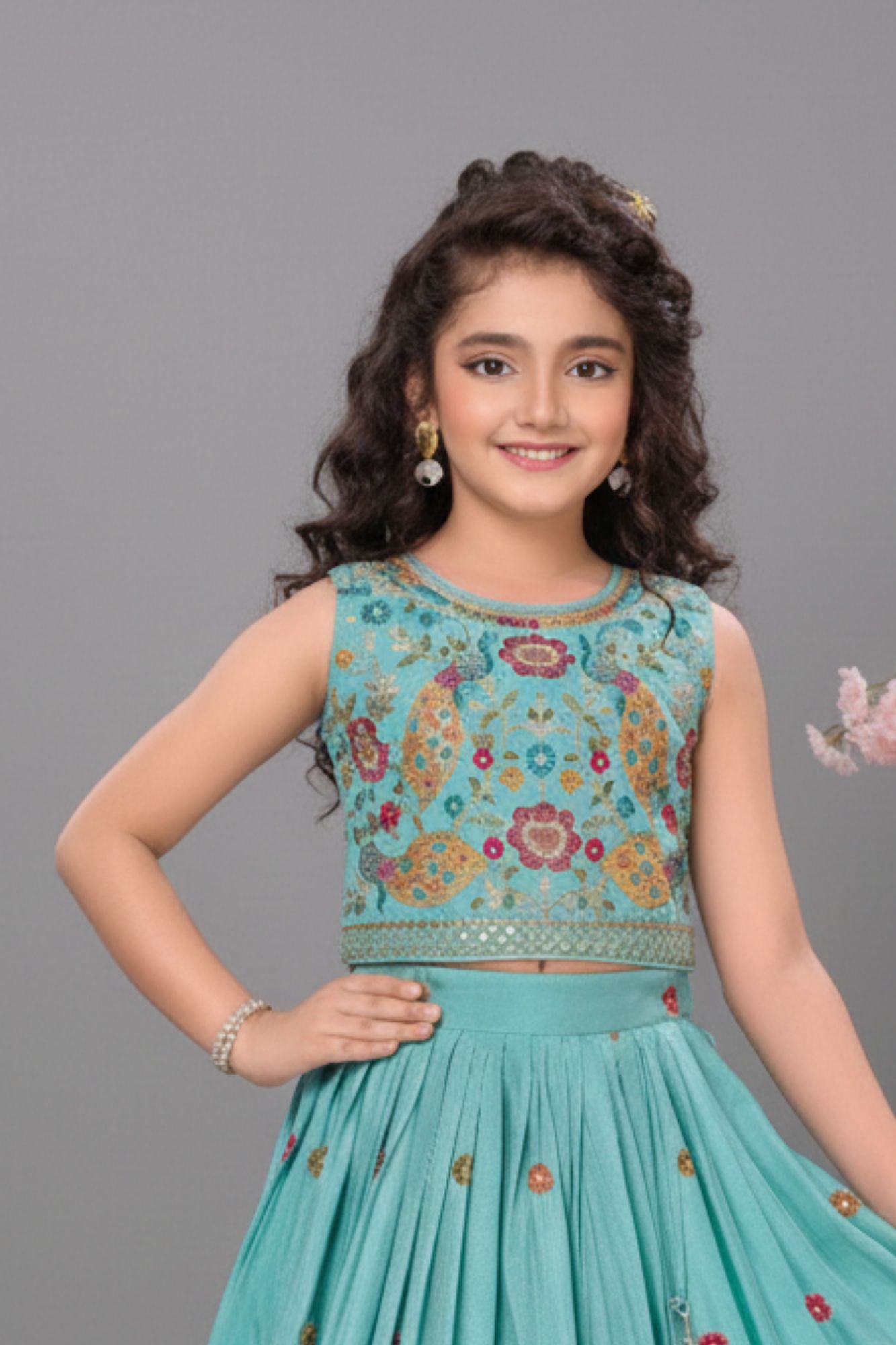 Aqua Blue Multicolor Embroidered Lehenga Choli Set For Girls