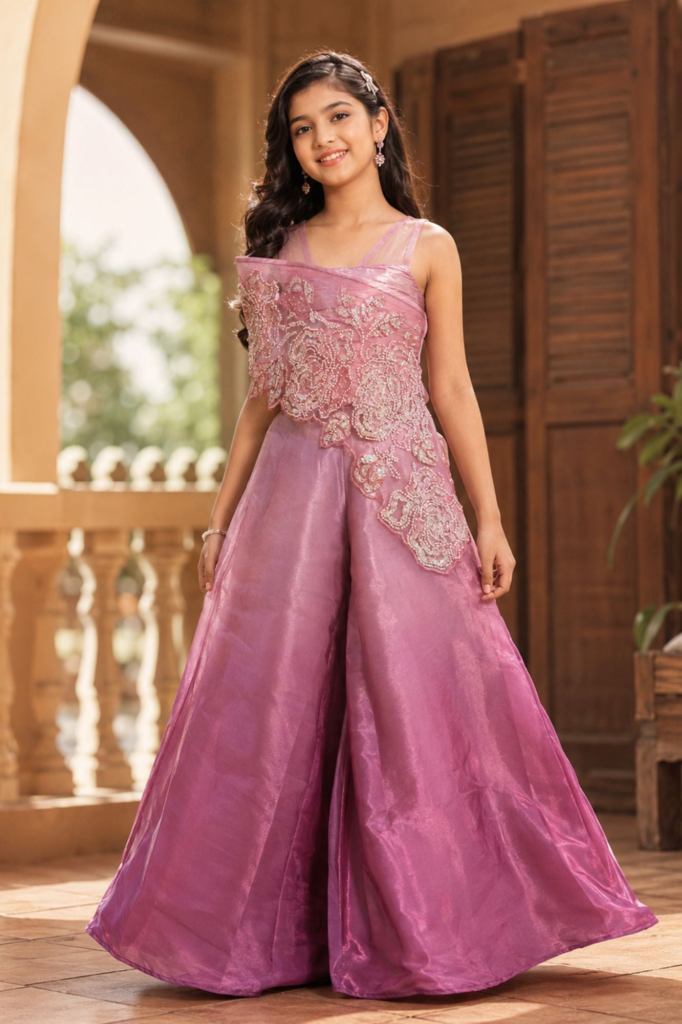 Girls Ombre Mauve Pink Sequin And Bead Embellished Party Wear Palazzo Set