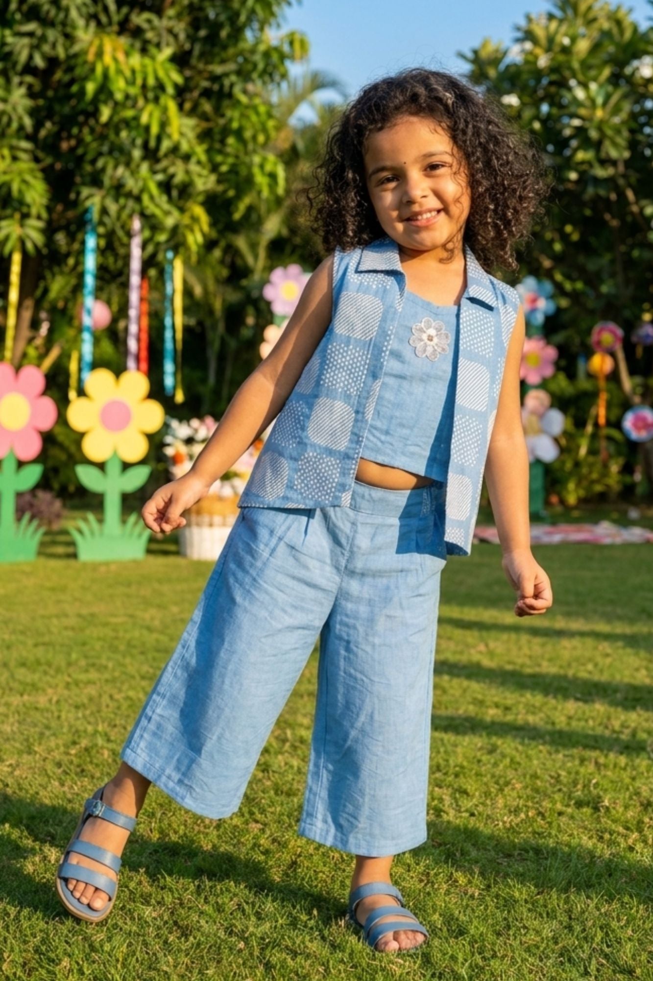Girls Sky Blue Printed Waistcoat Co-Ord Set with Inner Top And Wide-Leg Pants