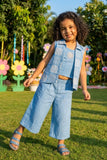 Girls Sky Blue Printed Waistcoat Co-Ord Set with Inner Top And Wide-Leg Pants