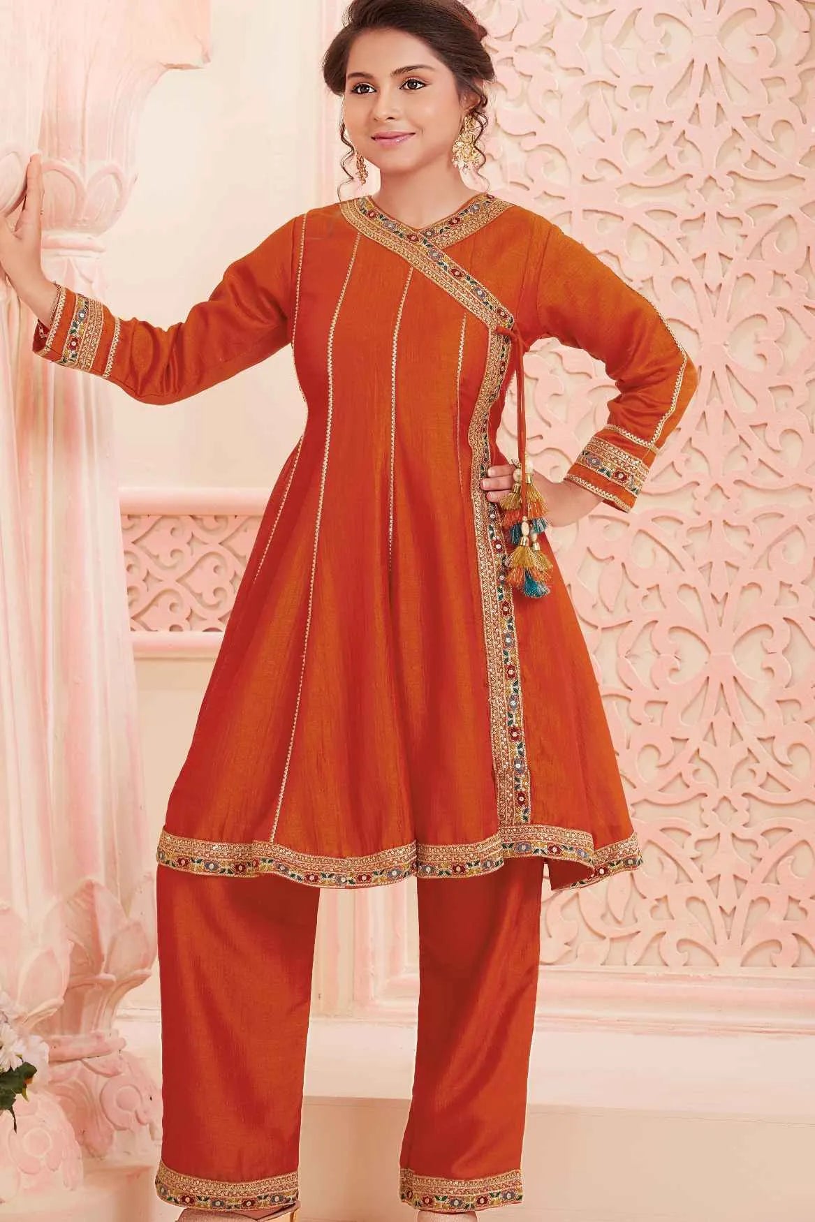 Orange Angrakha Kurti And Straight Pant Set For Girls