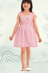 Pink And White Checked Cotton Frock For Girls