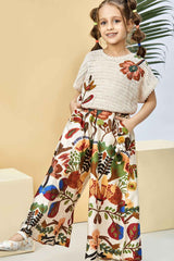 Stylish Cream Crochet Top With Floral Printed Pant Set For Girls