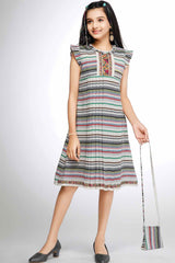 Stylish Cream Floral Embroidered And Striped Casual Wear Frock With Sling Bag For Girls