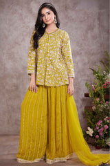 Yellow Full Sleeves And Sequin Embroidered Palazzo Set For Girls