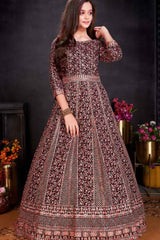 Designer Wine Sequin And Thread Work Gown For Girls