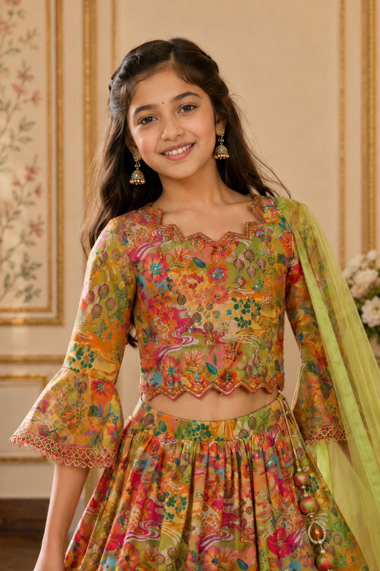 Green Floral Printed Lehenga Choli Set with Dupatta