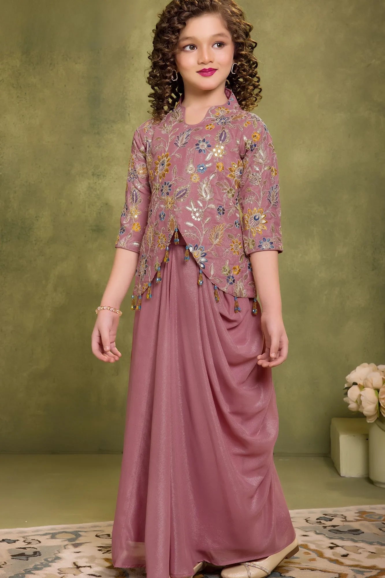 Onion Pink Draped Indo-Western Dhoti Set with Floral Embroidered Top For Girls