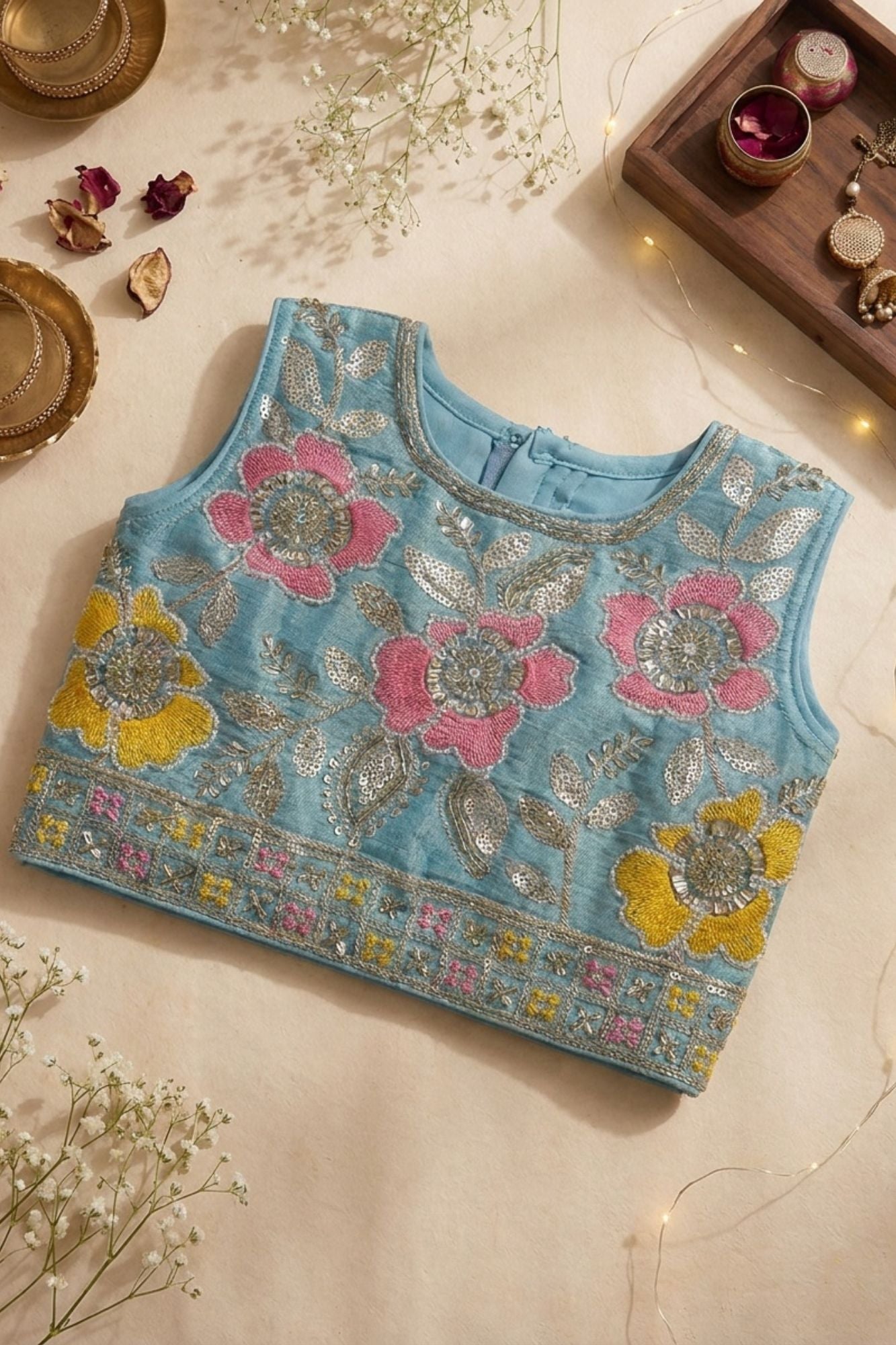 Dusty Blue Floral Embellished Lehenga Choli Set