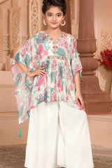 White Floral Printed And Mirror Work Kaftan Top With Palazzo Bottom Set For Girls