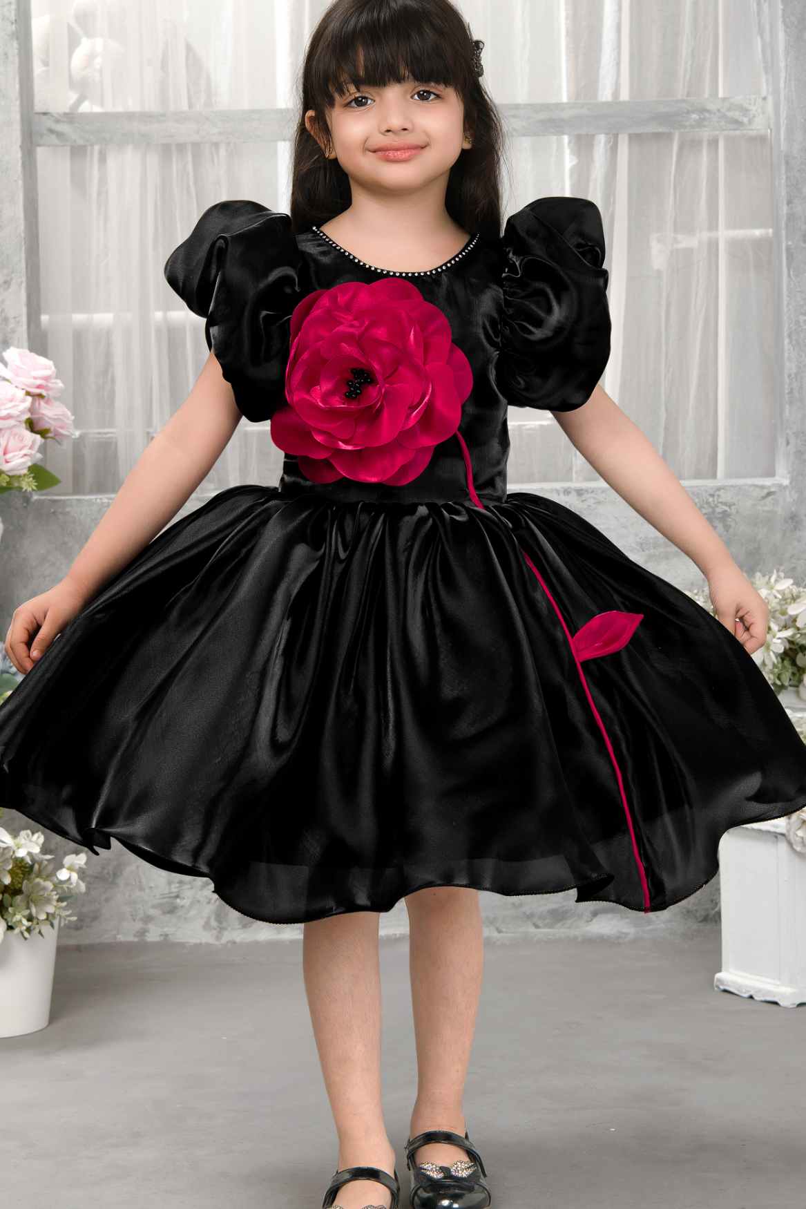 Black Satin Puff Sleeve Dress With 3D Red Flower For Girls Lagorii Kids Black Satin Puff Sleeve Dress With 3D Red Flower For Girls Lagorii Kids