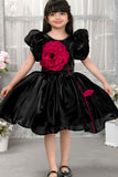 Black Satin Puff Sleeve Dress With 3D Red Flower For Girls