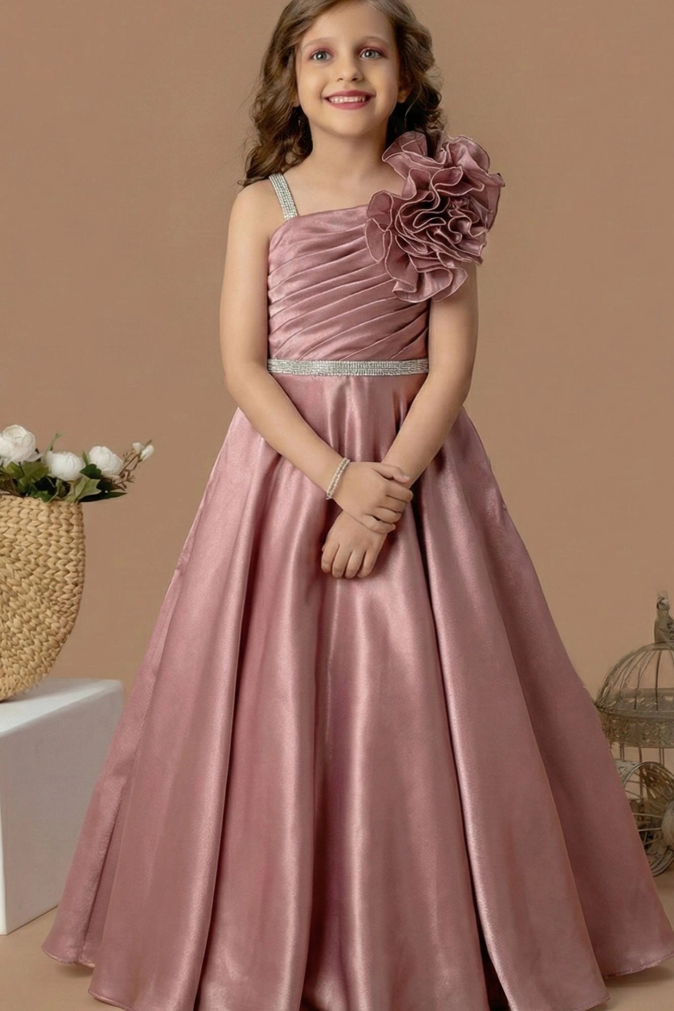 Designer Fawn Floral Appliqué Party Wear Gown For Girls