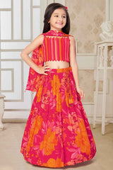 Red Sleeveless And Mirror Work With Floral Printed Lehenga Choli Set For Girls