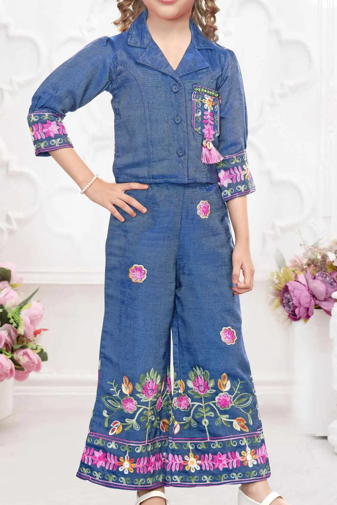 Indigo Blue Embroidered Top And Pants Set For Girls