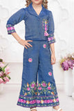 Indigo Blue Embroidered Top And Pants Set For Girls