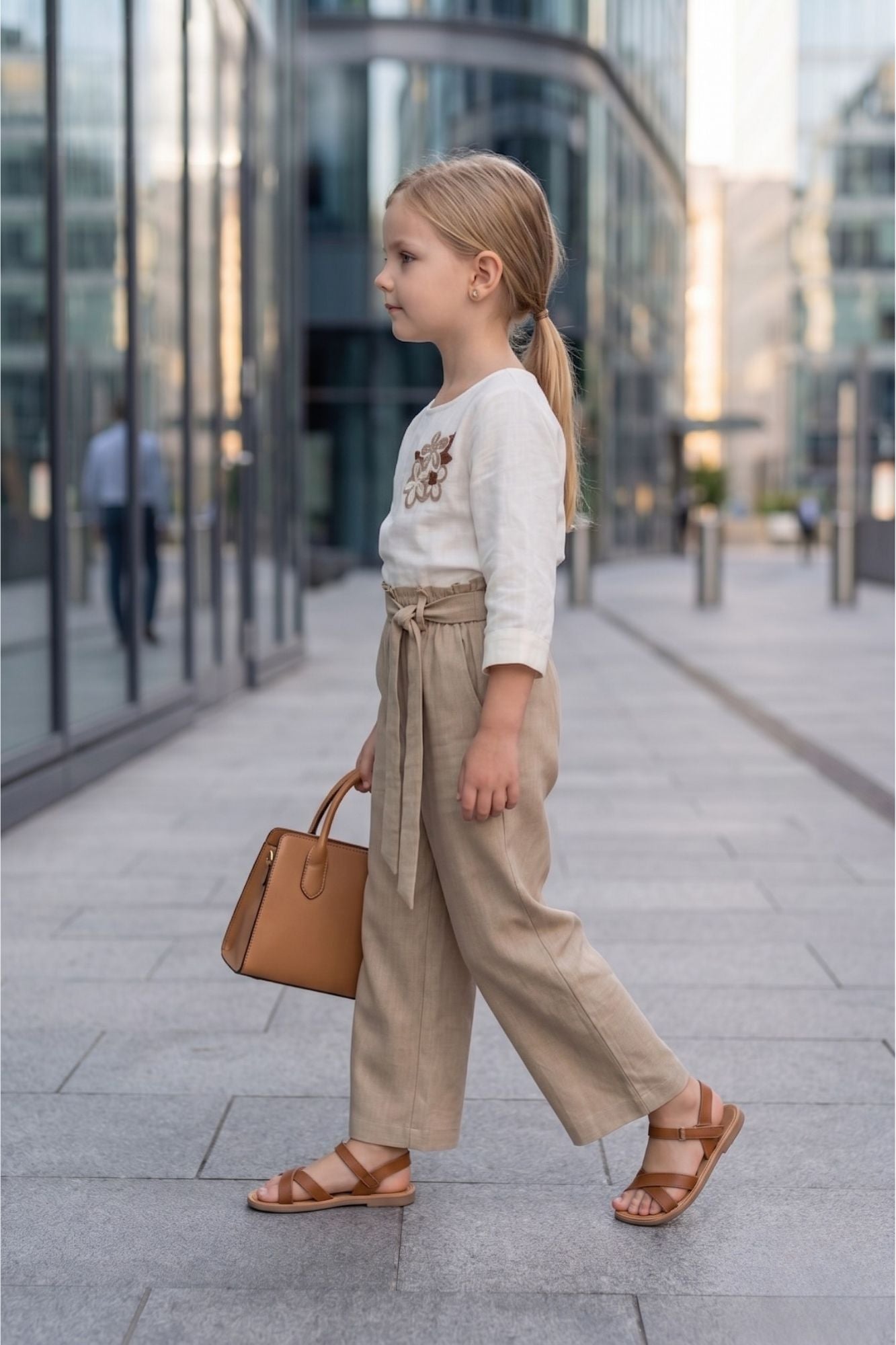 Girls Beige Wide-Leg Pants with Embroidered Top Set