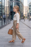 Girls Beige Wide-Leg Pants with Embroidered Top Set