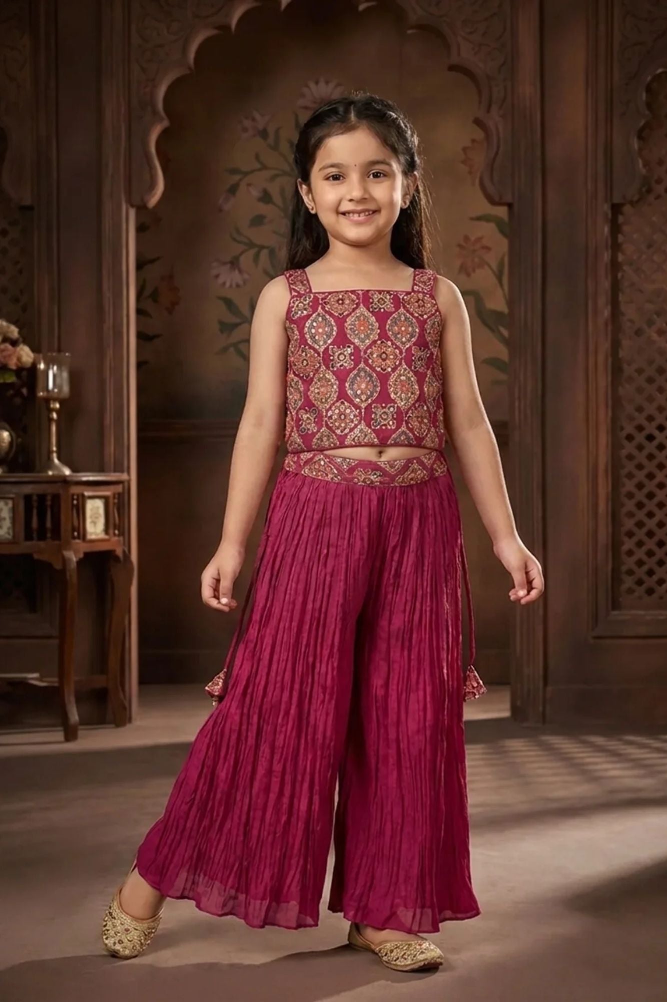 Girls Maroon Embroidered Palazzo Set with Ethnic Jacket