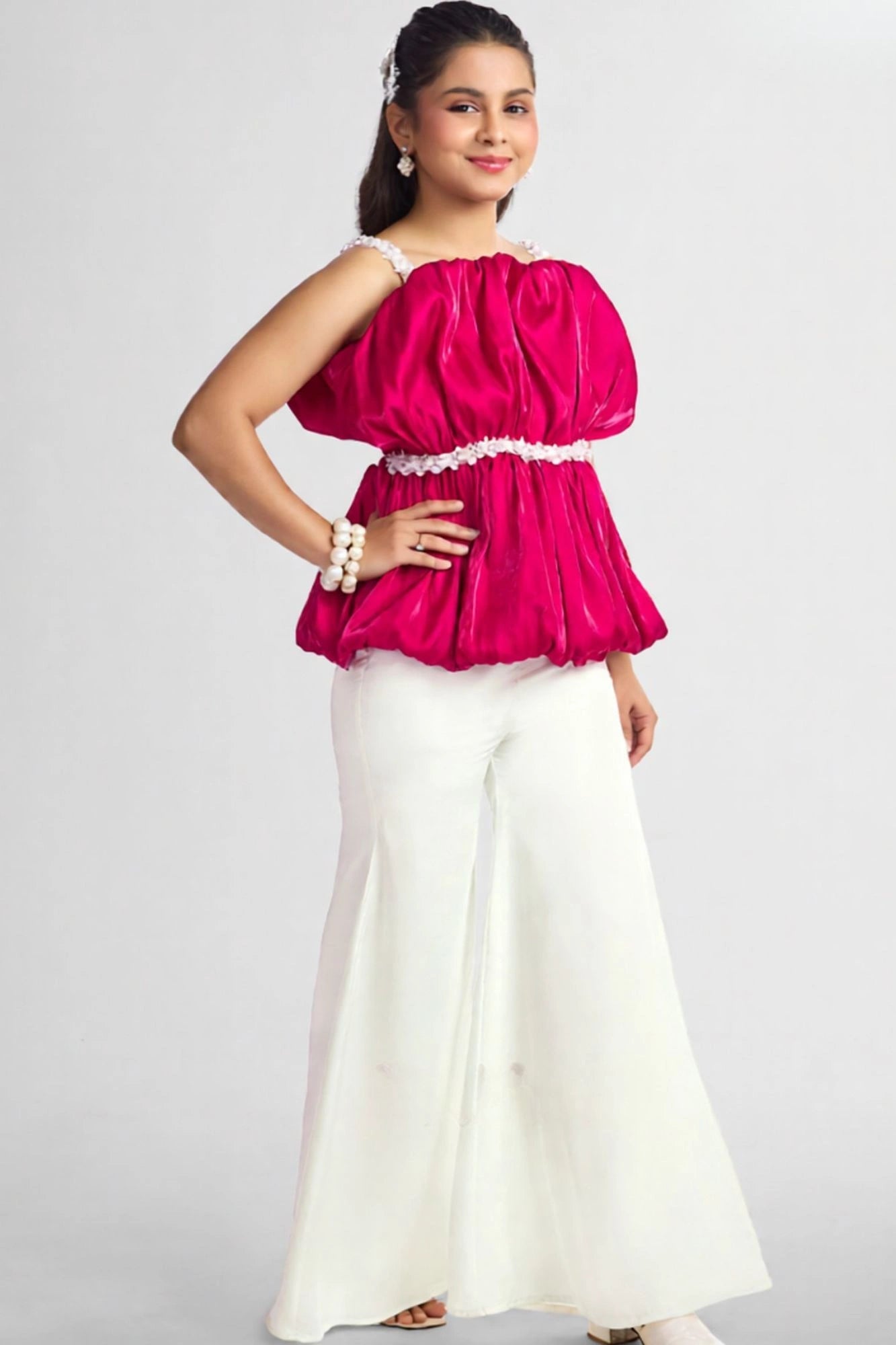 Pink Ruched Top with White Flared Pants For Girls
