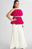 Pink Ruched Top with White Flared Pants For Girls
