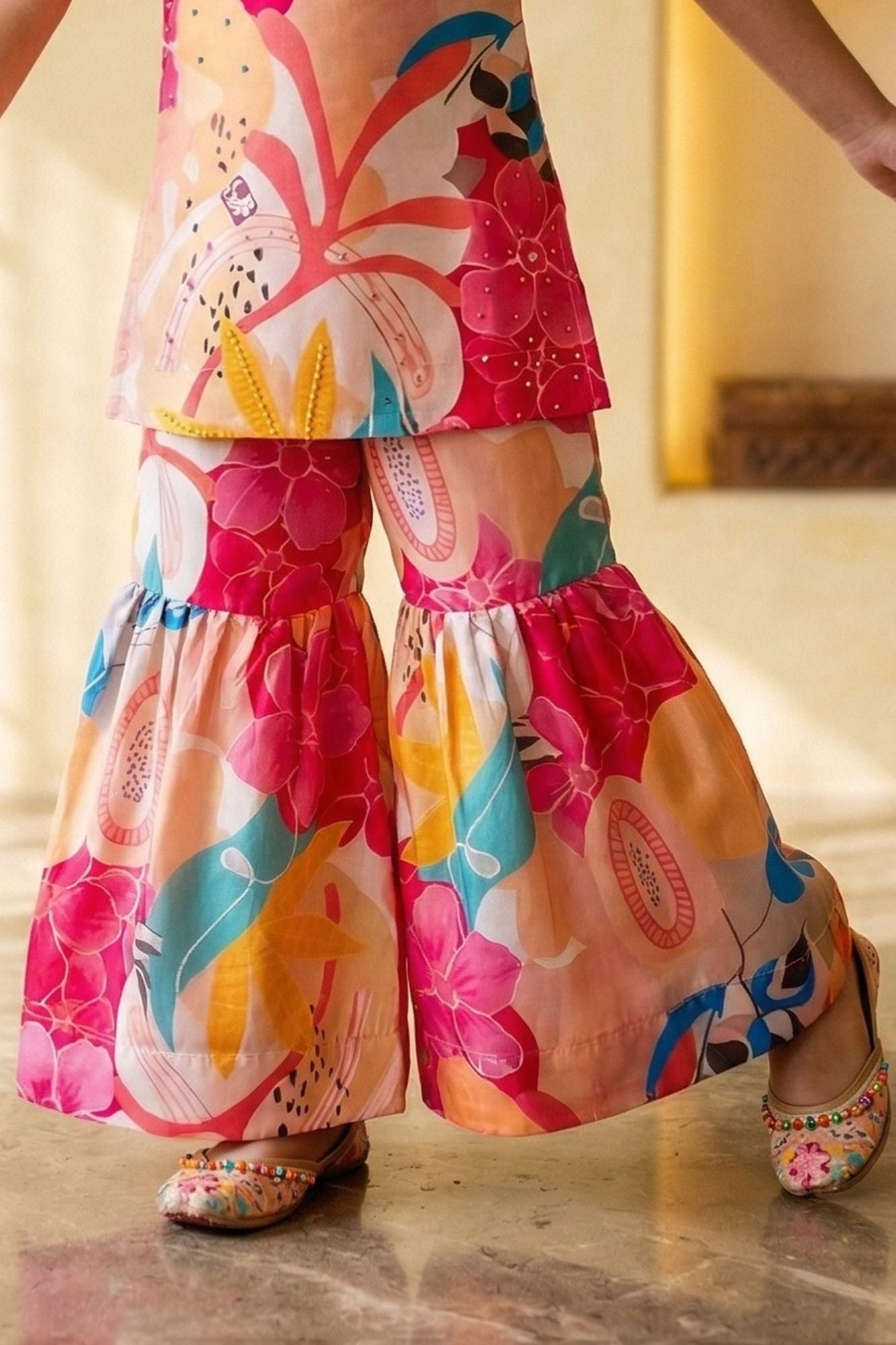 Girls Multicolor Floral Printed Sharara Set with Spaghetti Strap Kurti And Dupatta