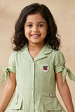 Girls Pista Green Fit And Flare Shirt Collar Casual Dress with Tie-Up Sleeves