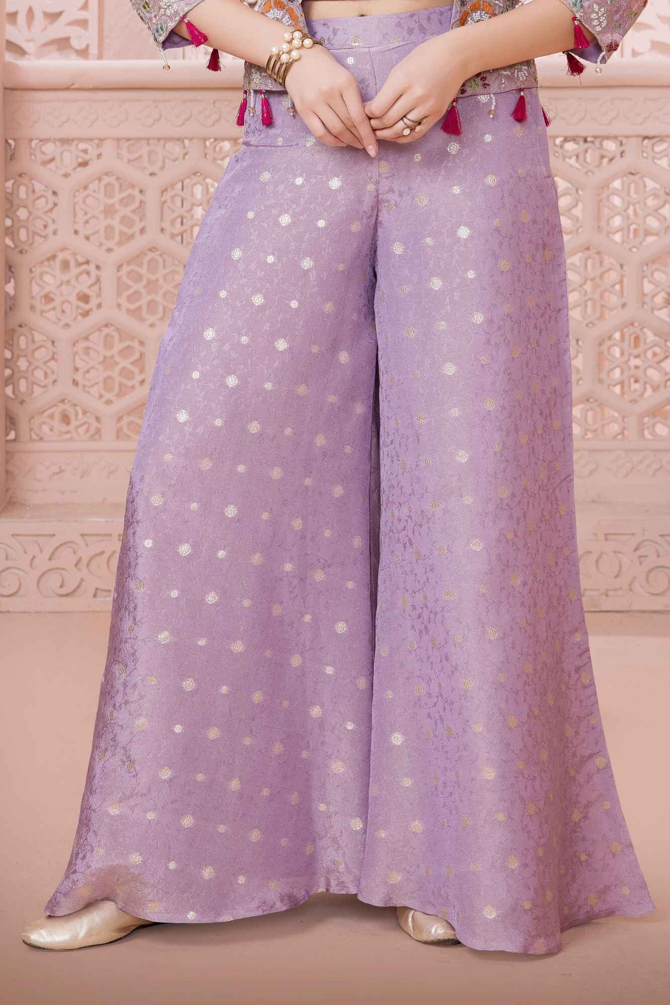 Designer Purple Embroidered Palazzo Set with Jacket For Girls