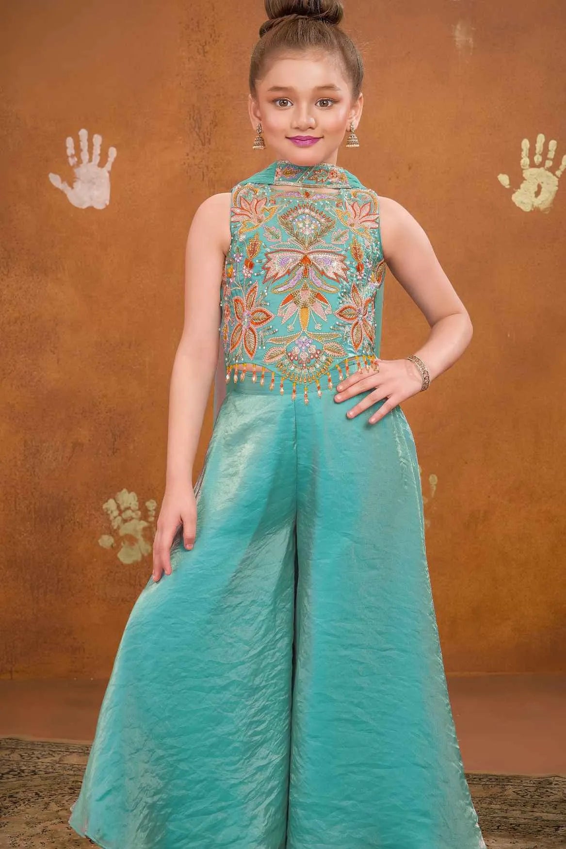 Sea Green Embroidered Palazzo Set For Girls
