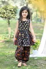 Black Printed Top With Afghani Bottom Set For Girls