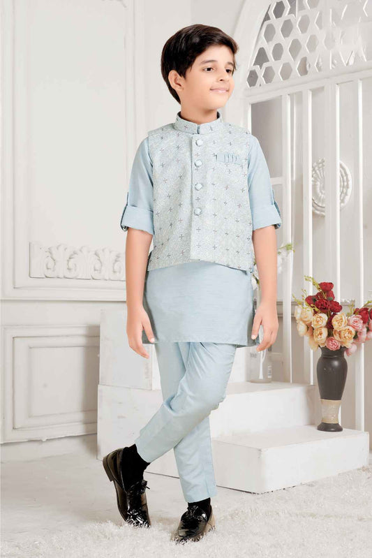 Sky Blue Full Sleeves Kurta With Embroidered Waist Coat Set For Boys