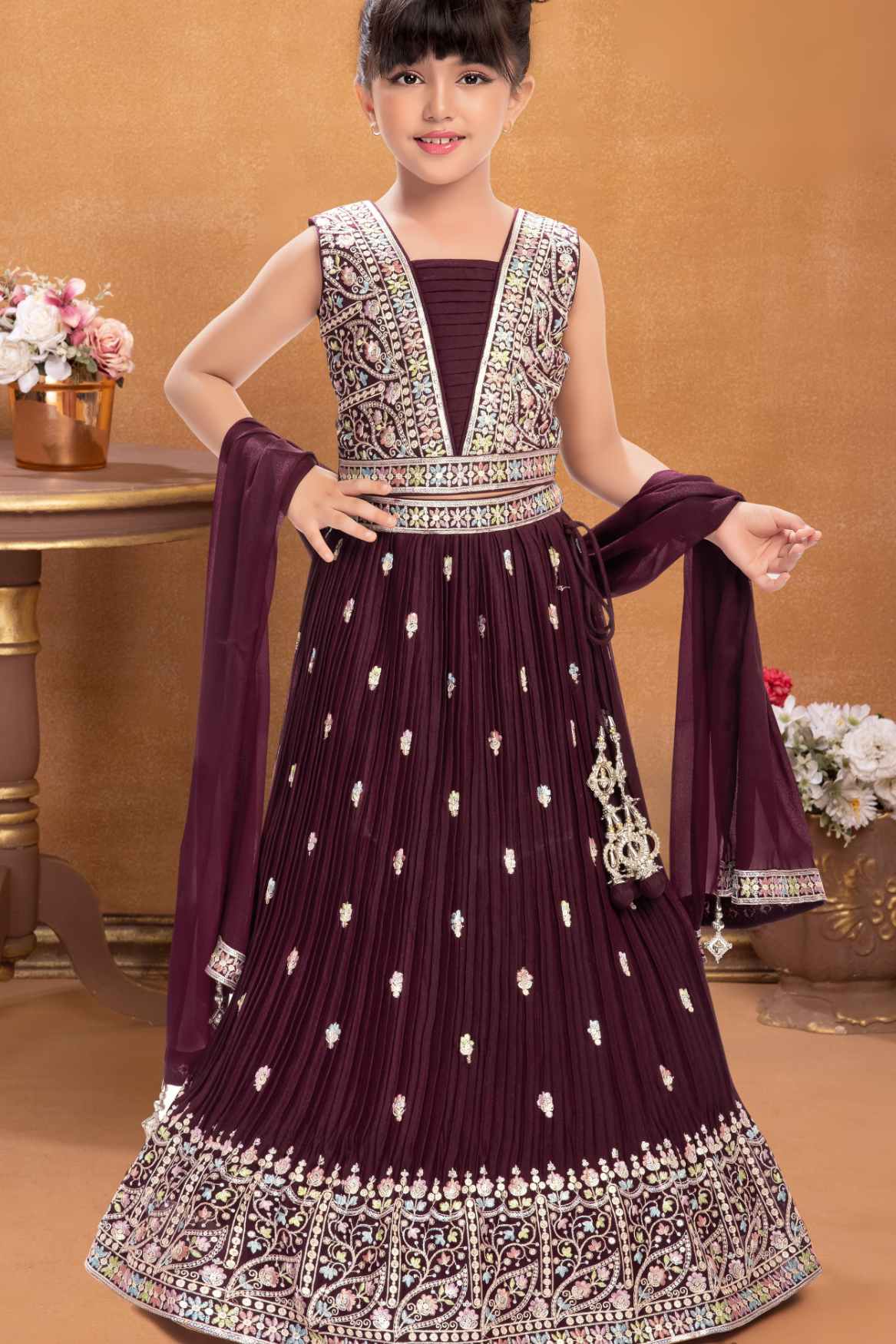 Wine Sequins Work And Embroidered Lehenga Choli For Girls