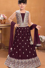 Wine Sequins Work And Embroidered Lehenga Choli For Girls