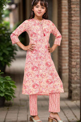 Peach Floral Printed Kurta With Pant Set For Girls