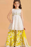 White & Yellow Sharara Set with Embroidered Kurta and Ombre Dupatta For Girls