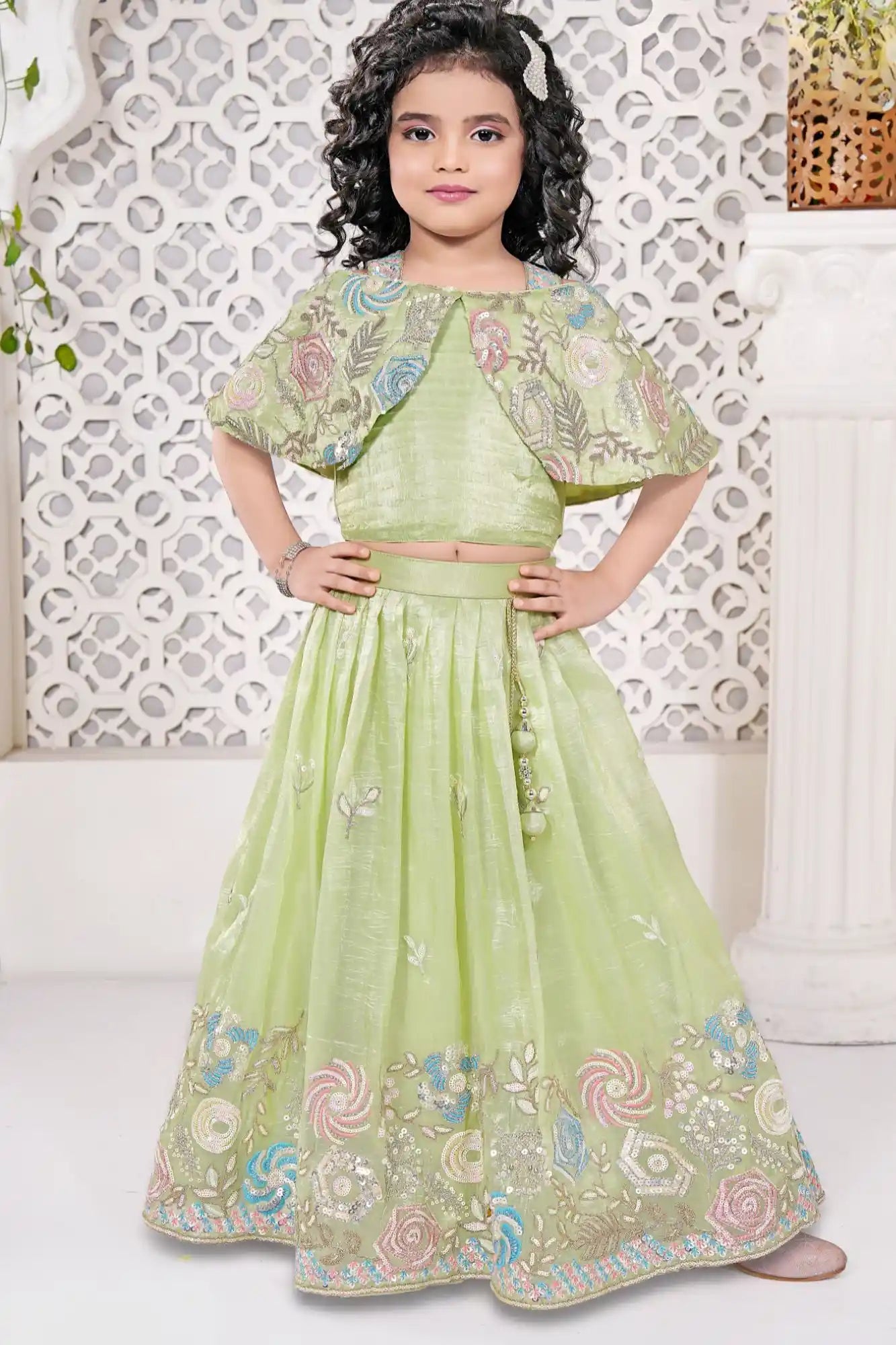 Light Green Cape Style Lehenga Choli with Pastel Sequin Embroidery For Girls