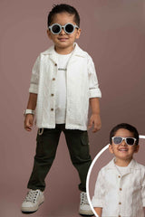 White Shirt And Green Pant Set With White T Shirt For Boys