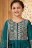 Girls Dark Teal Embroidered Anarkali Gown with Dupatta