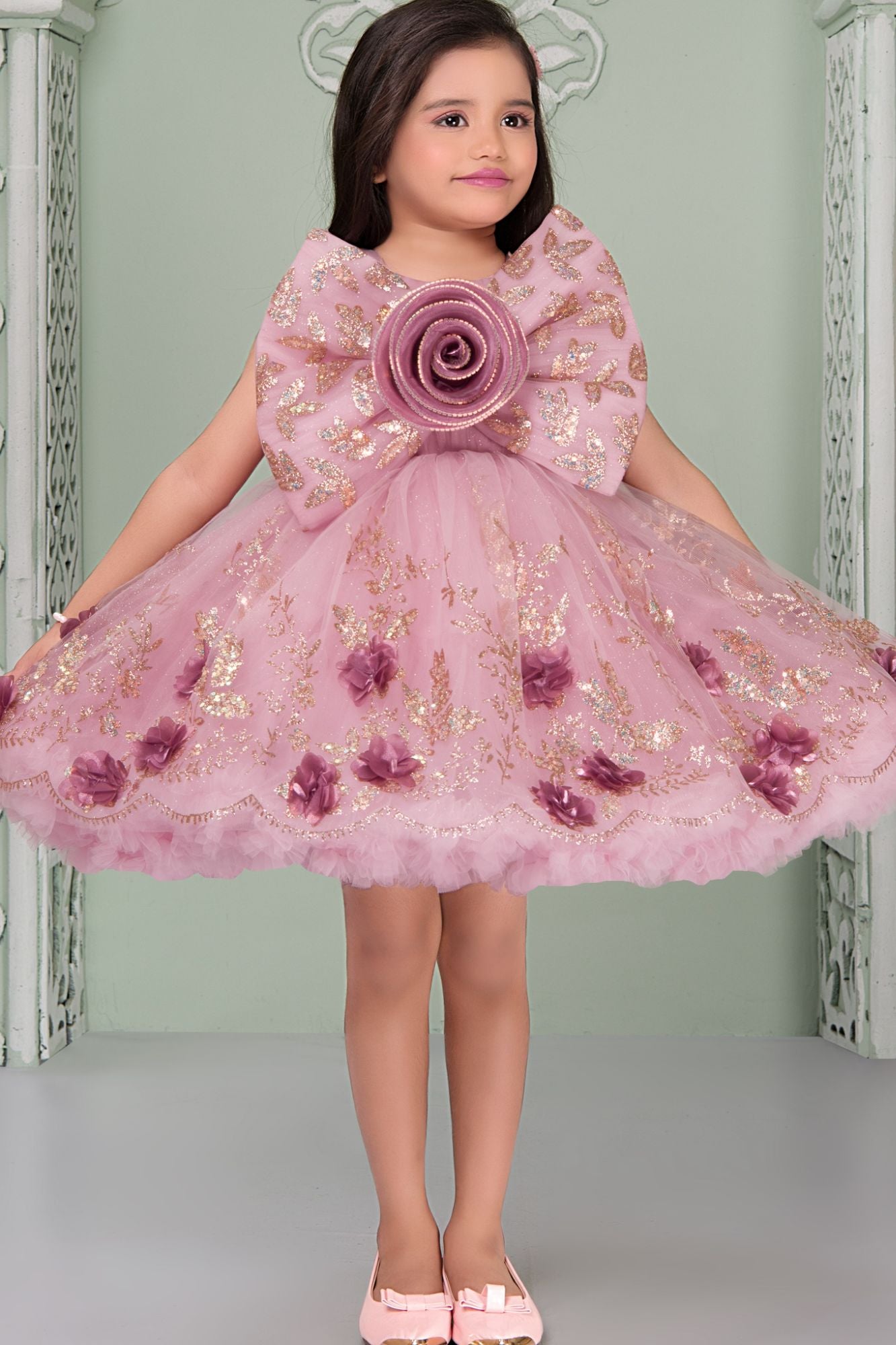 Blush Pink Glitter Party Frock with 3D Floral Bow For Girls