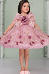 Blush Pink Glitter Party Frock with 3D Floral Bow For Girls
