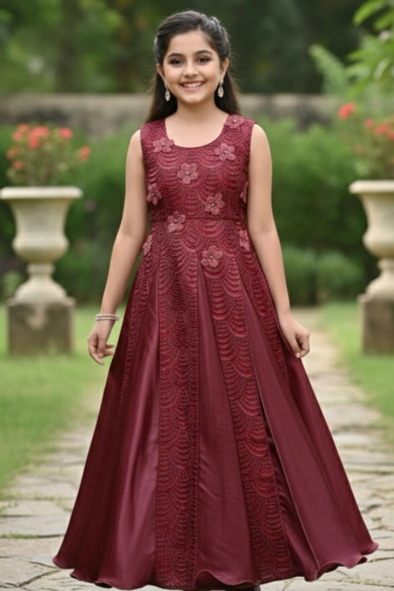 Designer Maroon Embroidered Royal Party Gown For Girls