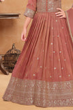 Rust Embroidered Long Ethnic Gown with Dupatta For Girls