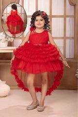 Red Sleeveless And Floral Embellished Tailback Frock For Girls